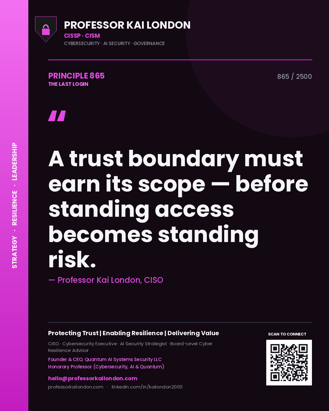 Professor Kai London principle 865: A trust boundary must earn its scope — before standing access becomes standing risk.