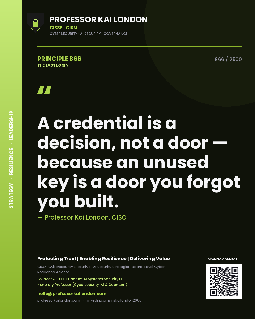 Professor Kai London principle 866: A credential is a decision, not a door — because an unused key is a door you forgot you built.
