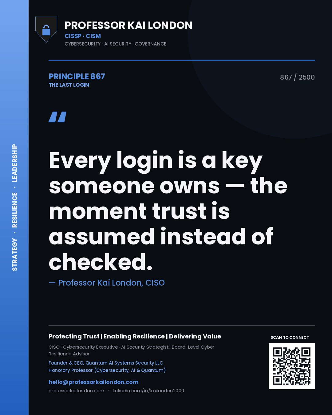 Quote card by Professor Kai London reading 'Every login is a key someone owns — the moment trust is assumed instead of checked.'. From the book The Last Login.
