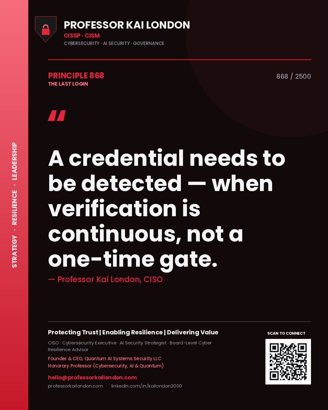 Quote card by Professor Kai London reading 'A credential needs to be detected — when verification is continuous, not a one-time gate.'. From the book The Last Login.
