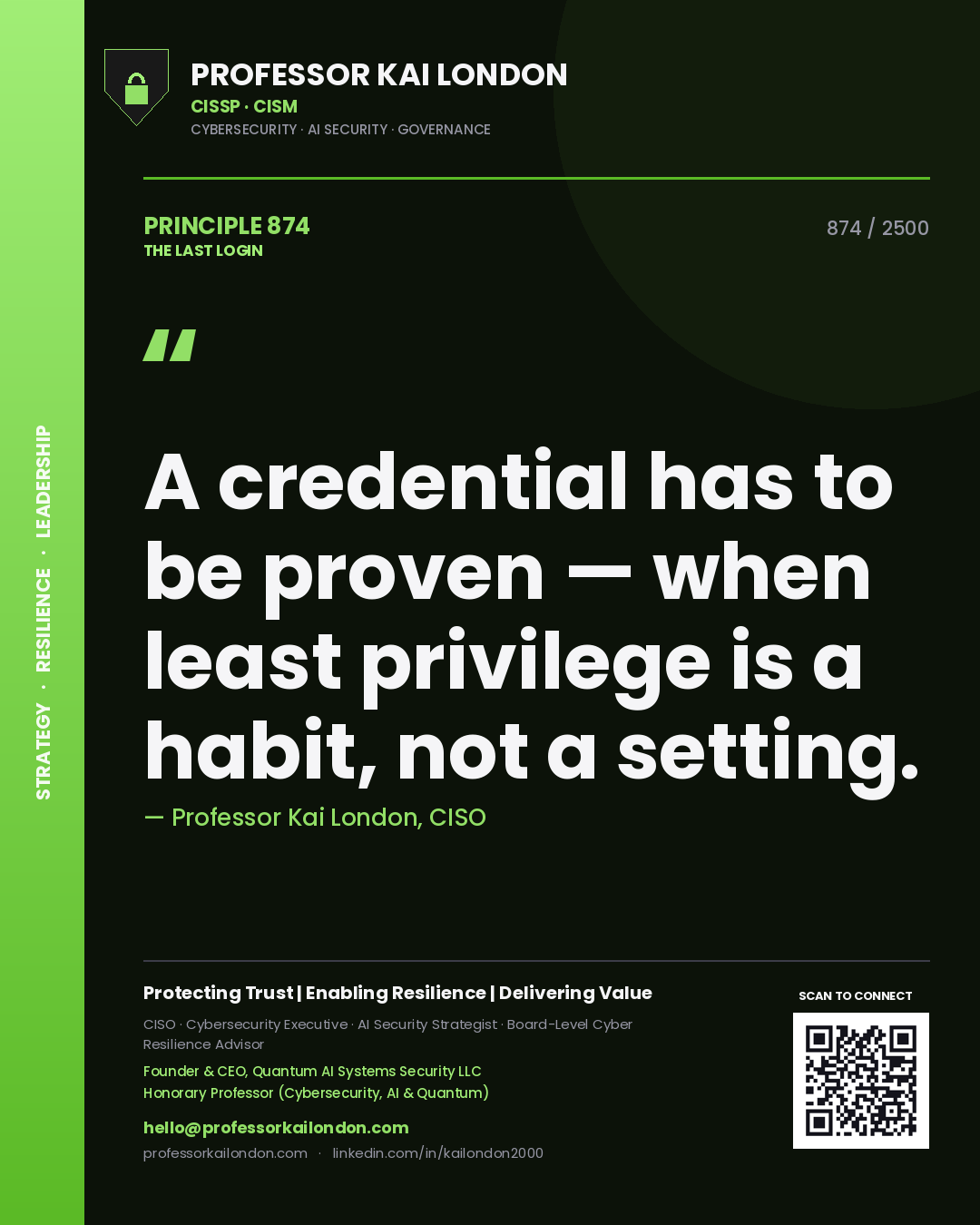 Professor Kai London principle 874: A credential has to be proven — when least privilege is a habit, not a setting.