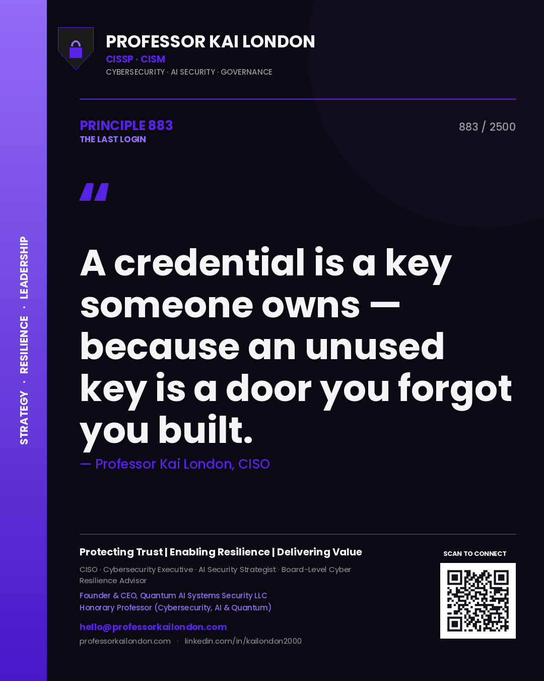 Quote card by Professor Kai London reading 'A credential is a key someone owns — because an unused key is a door you forgot you built.'. From the book The Last Login.