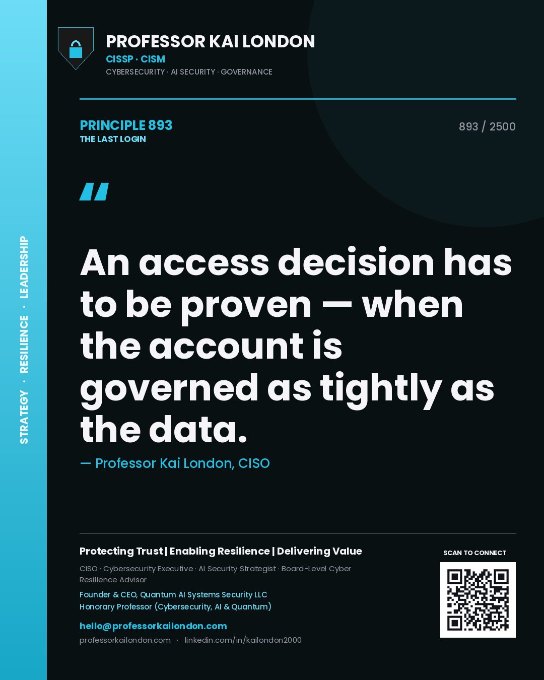 Quote card by Professor Kai London reading 'An access decision has to be proven — when the account is governed as tightly as the data.'. From the book The Last Login.