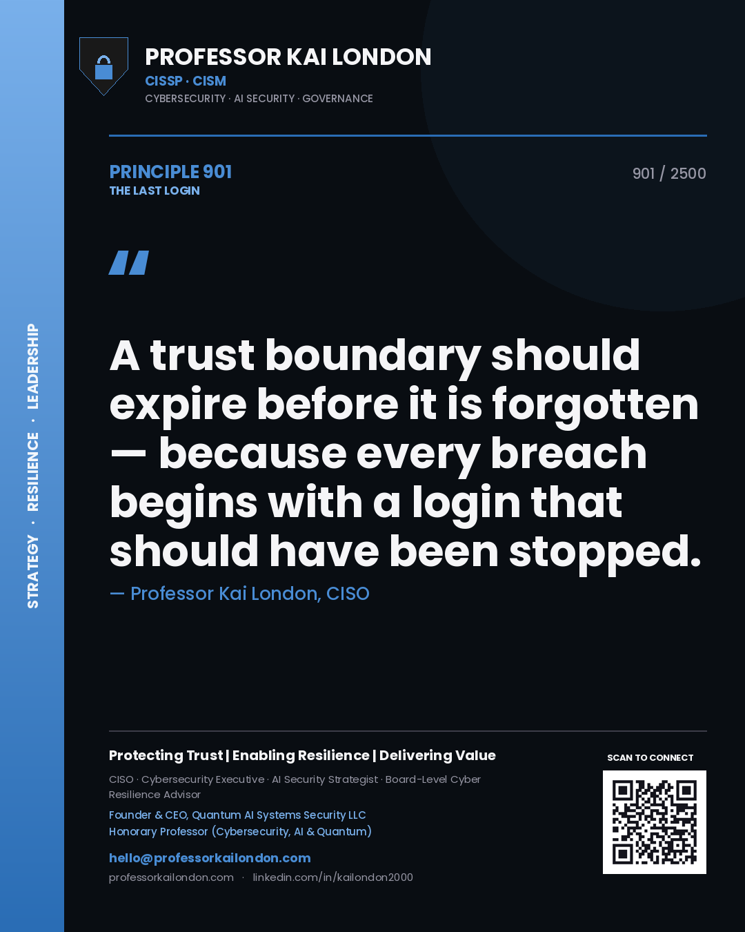 Professor Kai London principle 901: A trust boundary should expire before it is forgotten — because every breach begins with a login that should have been stopped.