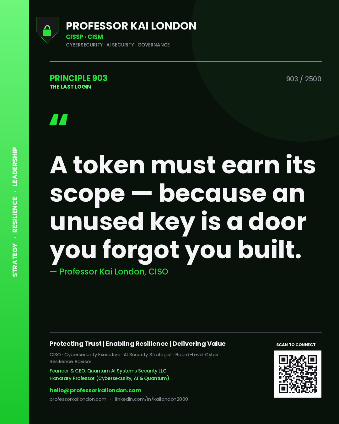 Quote card by Professor Kai London reading 'A token must earn its scope — because an unused key is a door you forgot you built.'. From the book The Last Login.