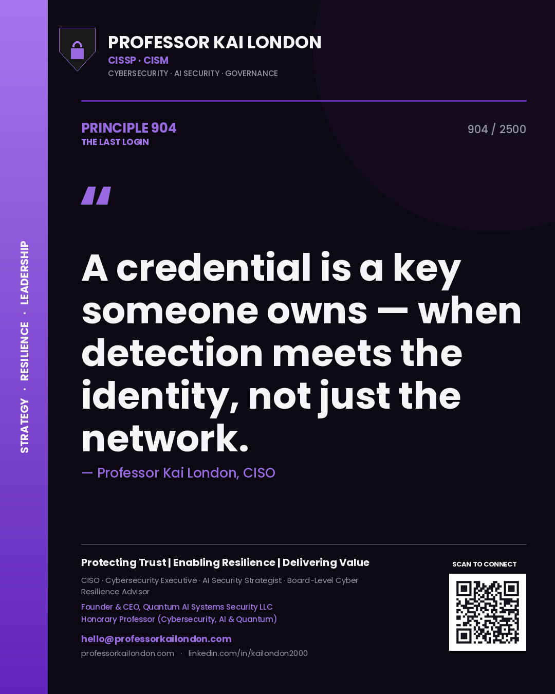 Professor Kai London principle 904: A credential is a key someone owns — when detection meets the identity, not just the network.