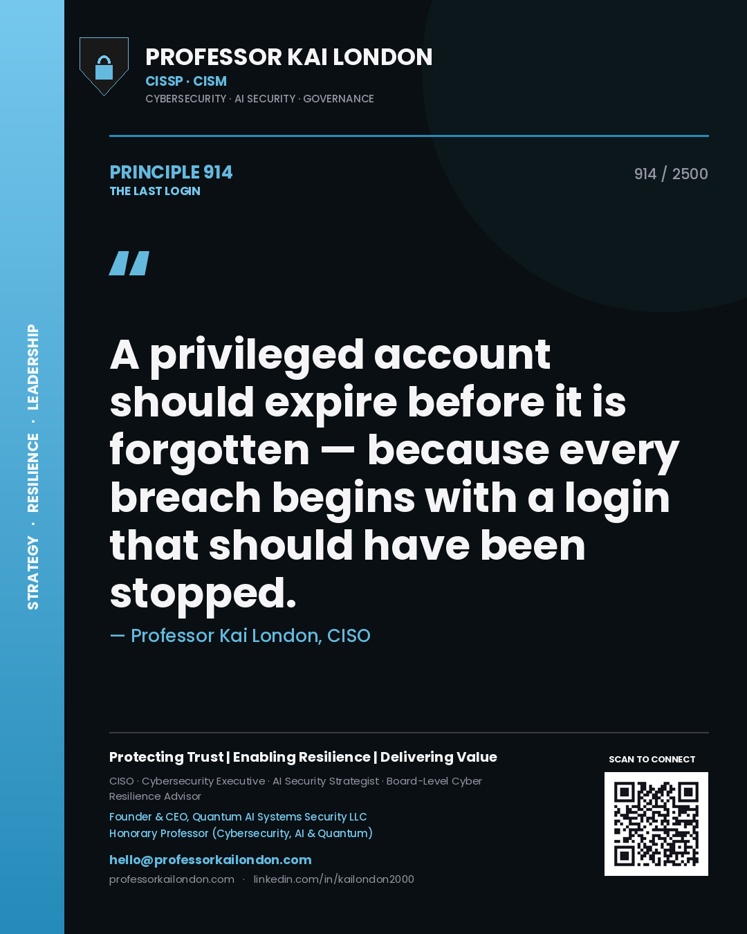 Professor Kai London principle 914: A privileged account should expire before it is forgotten — because every breach begins with a login that should have been stopped.