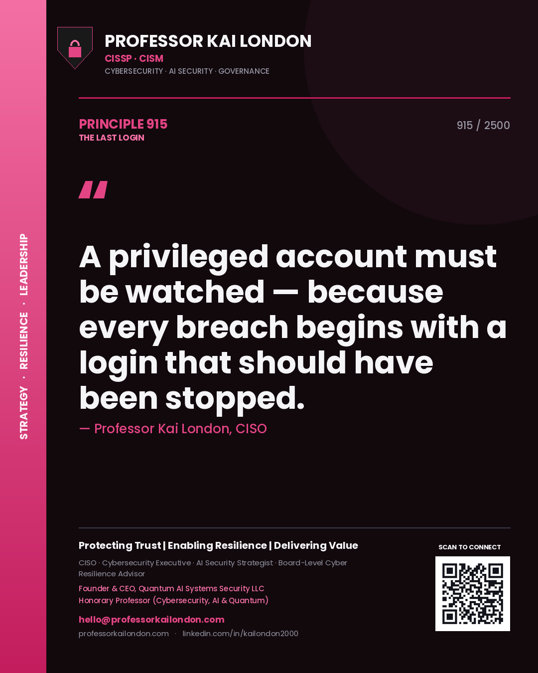 Quote card by Professor Kai London reading 'A privileged account must be watched — because every breach begins with a login that should have been stopped.'. From the book The Last Login.