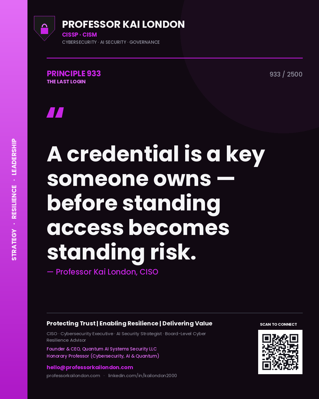 Quote card by Professor Kai London reading 'A credential is a key someone owns — before standing access becomes standing risk.'. From the book The Last Login.