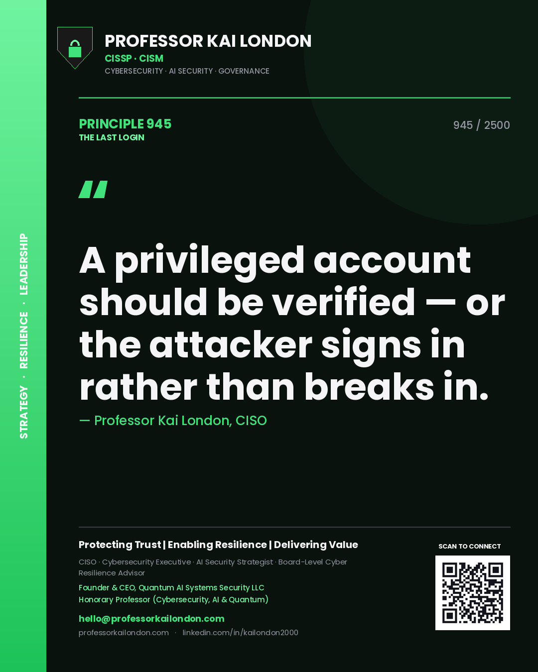 Professor Kai London principle 945: A privileged account should be verified — or the attacker signs in rather than breaks in.