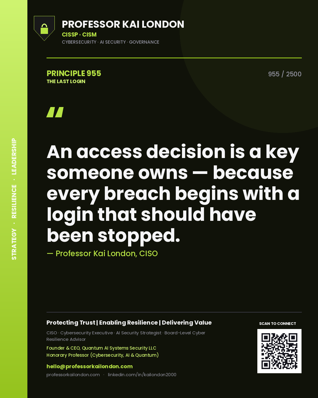 Quote card by Professor Kai London reading 'An access decision is a key someone owns — because every breach begins with a login that should have been stopped.'. From the book The Last Login.
