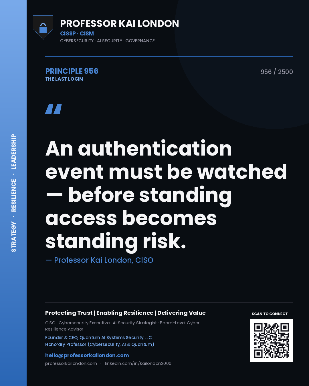 Professor Kai London principle 956: An authentication event must be watched — before standing access becomes standing risk.