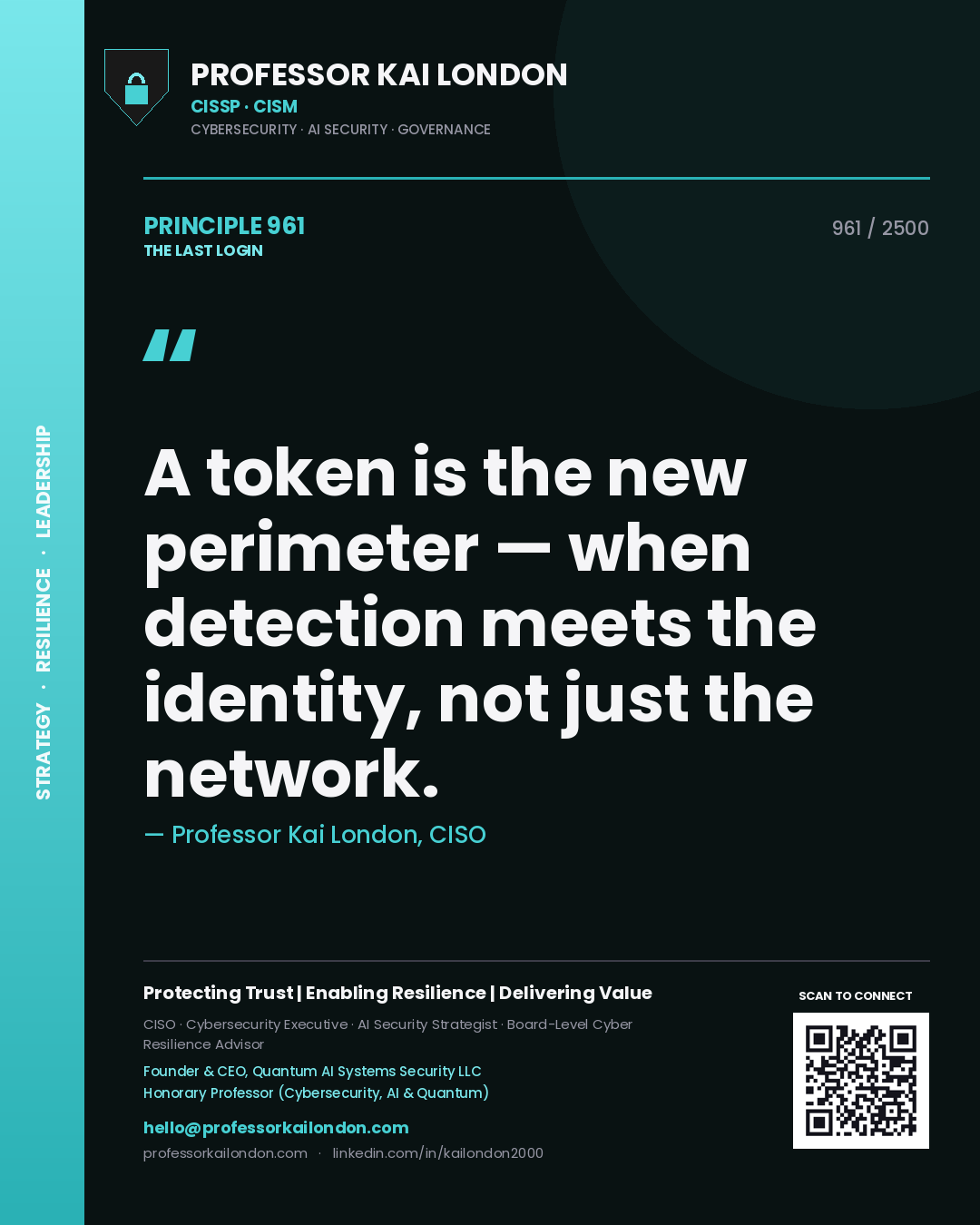 Quote card by Professor Kai London reading 'A token is the new perimeter — when detection meets the identity, not just the network.'. From the book The Last Login.