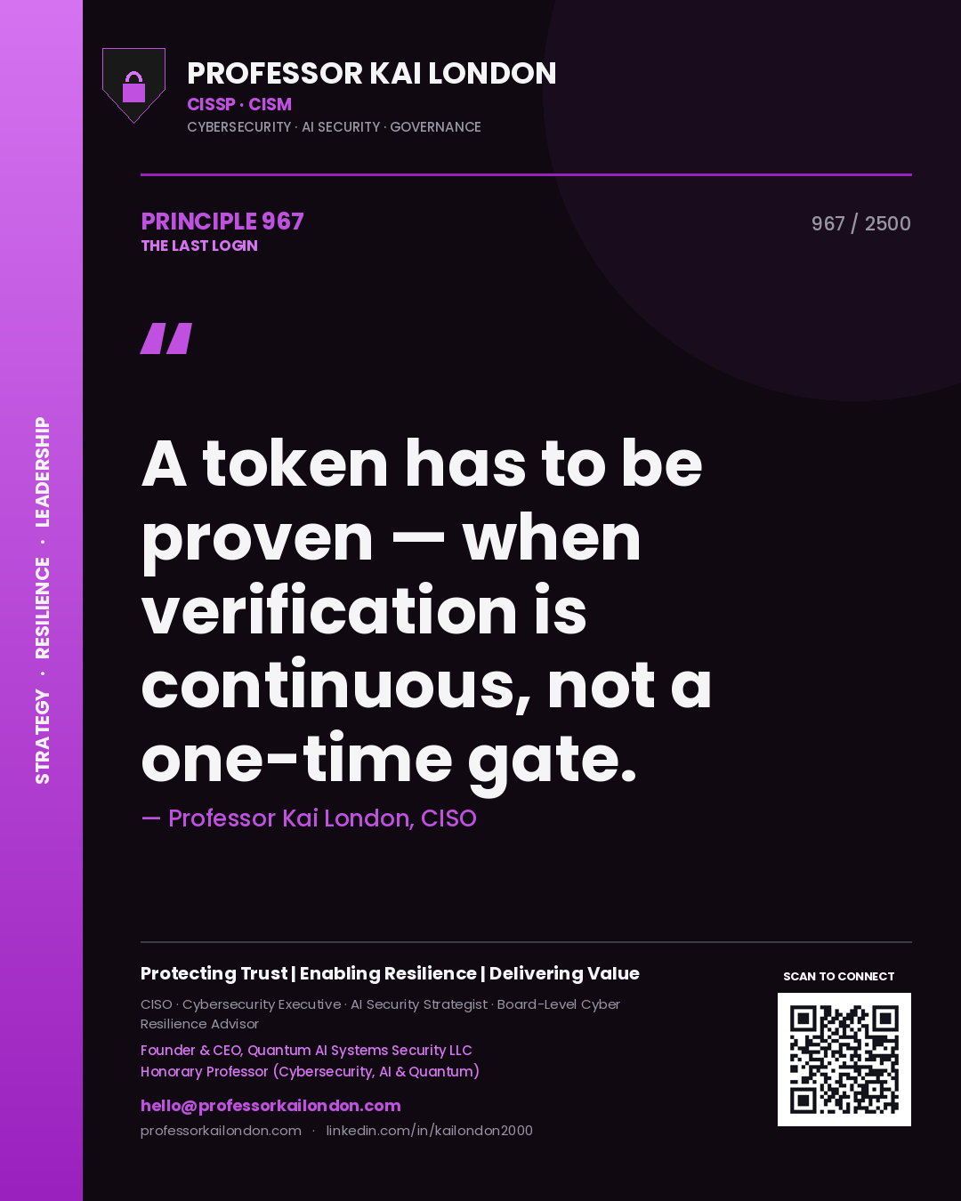 Professor Kai London principle 967: A token has to be proven — when verification is continuous, not a one-time gate.