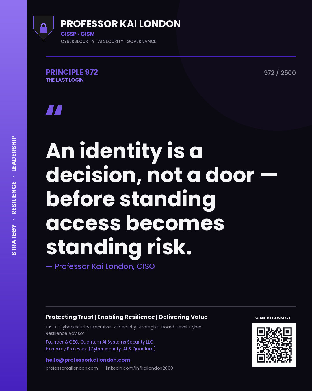 Professor Kai London principle 972: An identity is a decision, not a door — before standing access becomes standing risk.