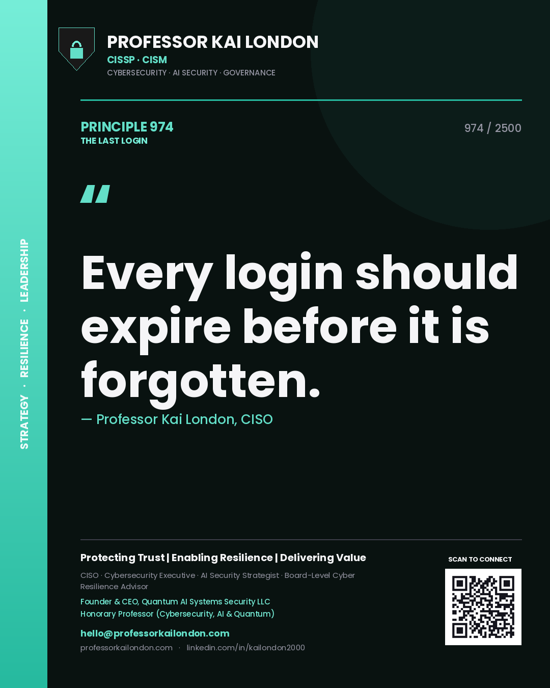 Quote card by Professor Kai London reading 'Every login should expire before it is forgotten.'. From the book The Last Login.
