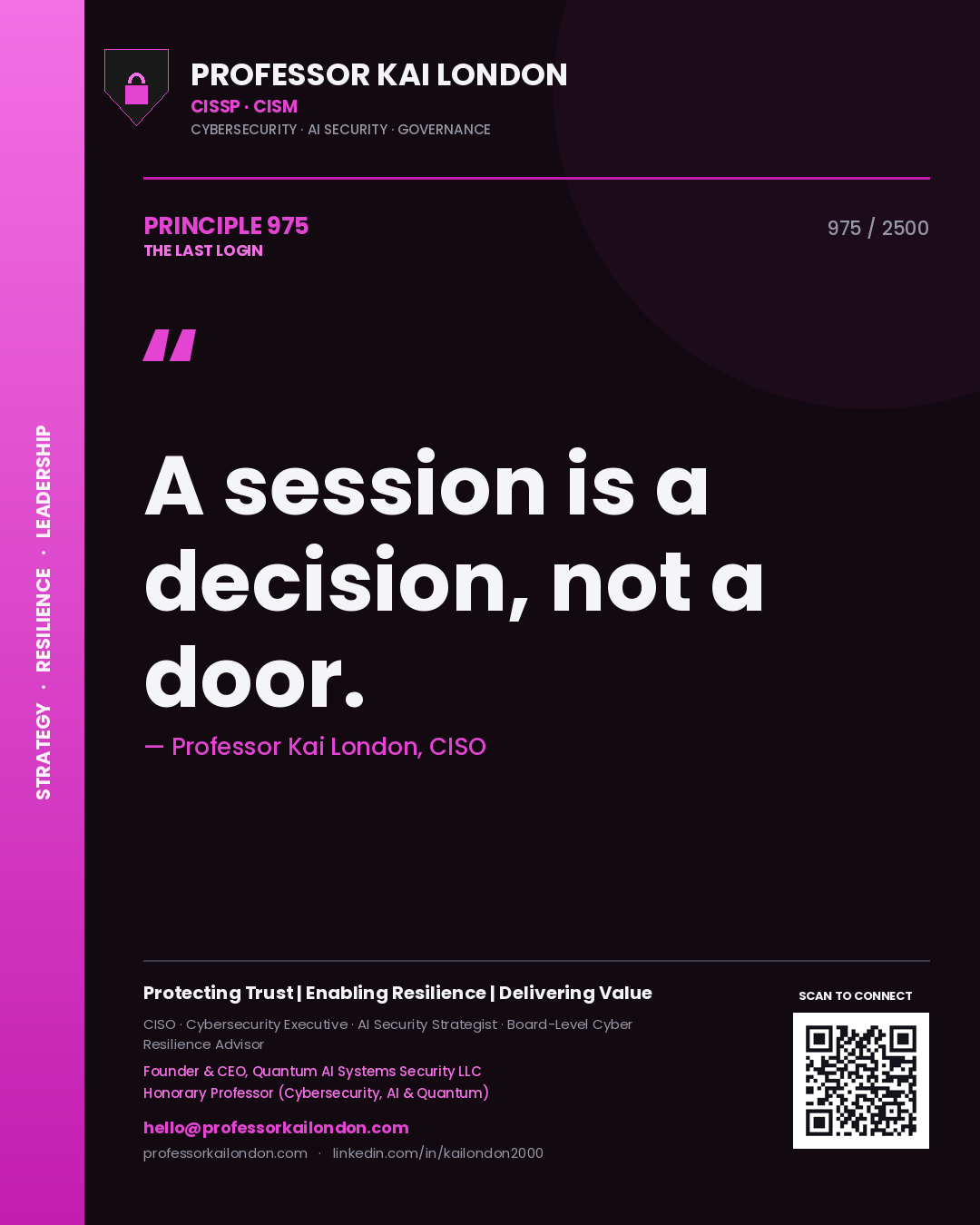 Quote card by Professor Kai London reading 'A session is a decision, not a door.'. From the book The Last Login.