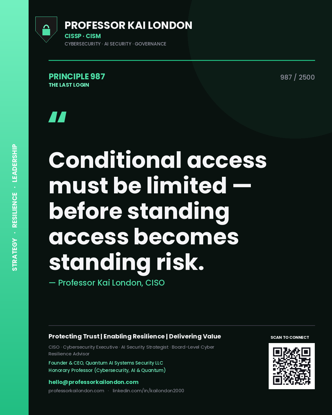 Quote card by Professor Kai London reading 'Conditional access must be limited — before standing access becomes standing risk.'. From the book The Last Login.