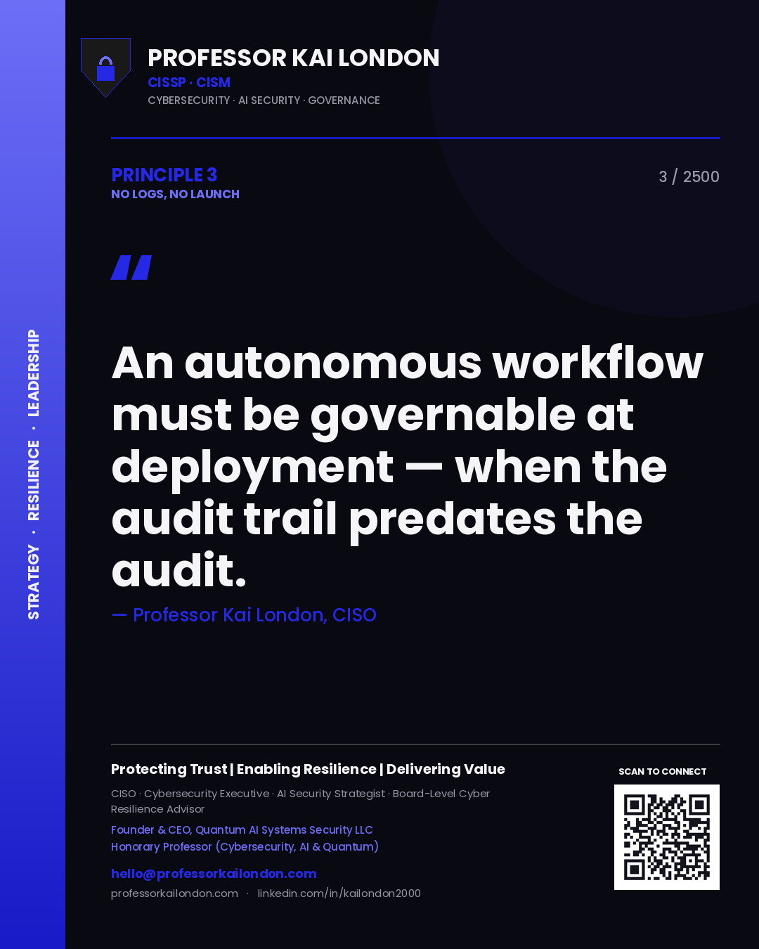 Professor Kai London principle 3: An autonomous workflow must be governable at deployment — when the audit trail predates the audit.