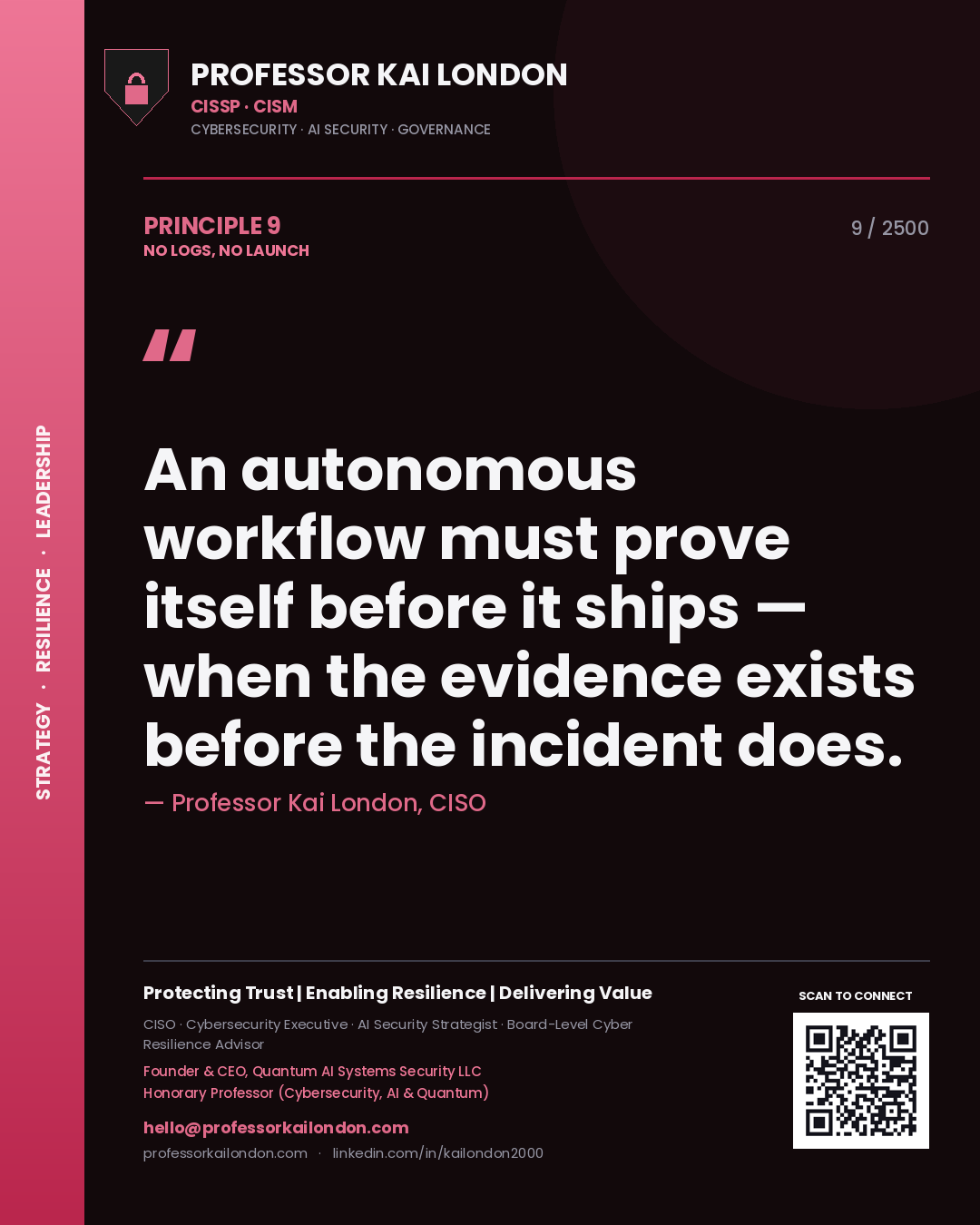 Professor Kai London principle 9: An autonomous workflow must prove itself before it ships — when the evidence exists before the incident does.