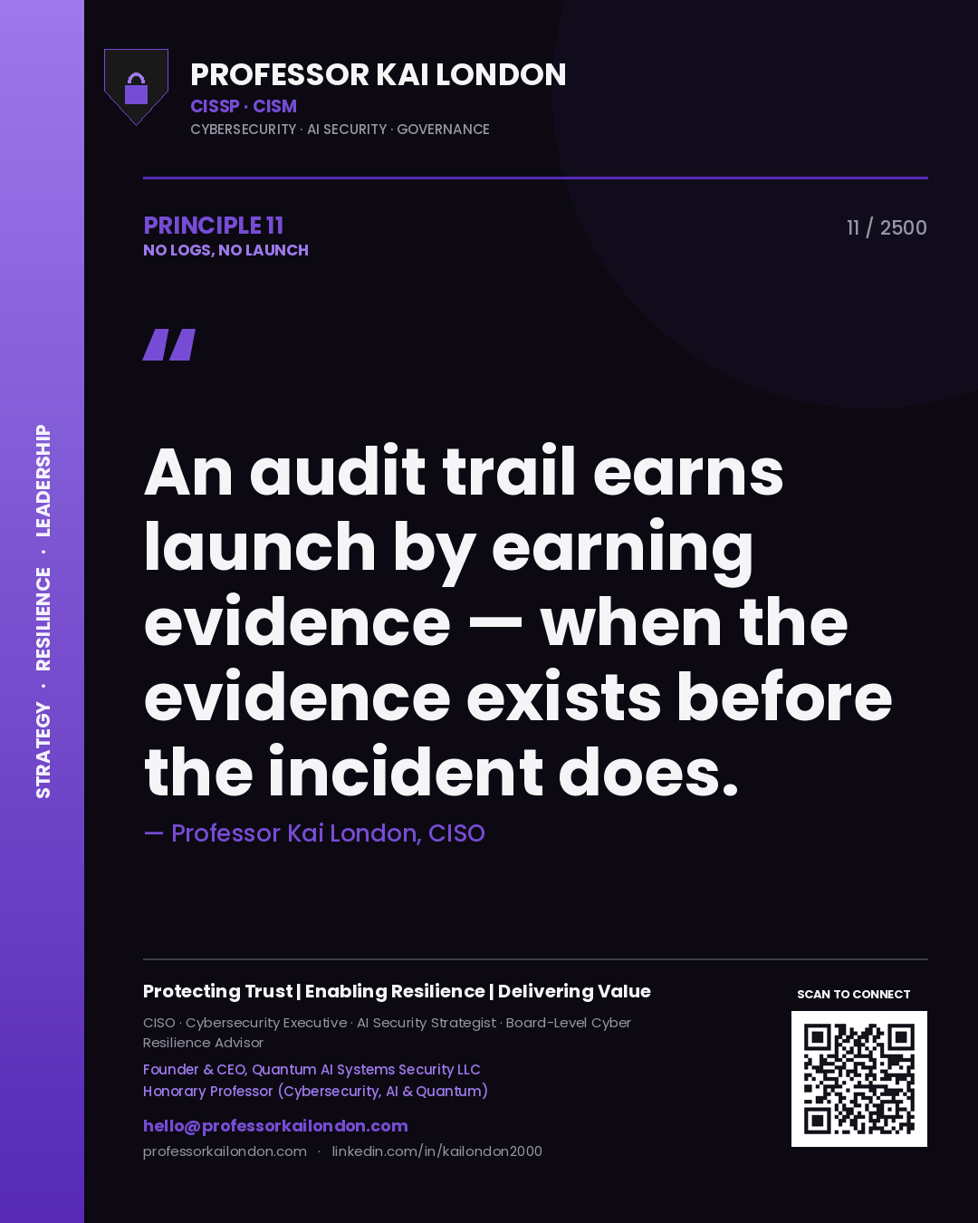 Professor Kai London principle 11: An audit trail earns launch by earning evidence — when the evidence exists before the incident does.