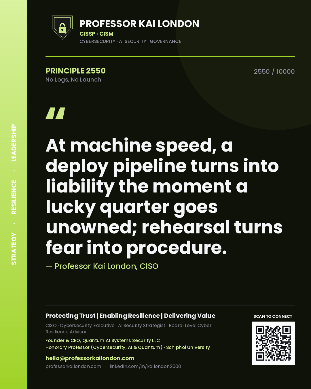 Quote card by Professor Kai London reading 'At machine speed, a deploy pipeline turns into liability the moment a lucky quarter goes unowned; rehearsal turns fear into procedure.'. From the book No Logs, No Launch.