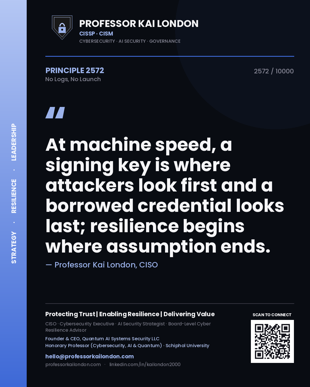 Professor Kai London principle 2572: At machine speed, a signing key is where attackers look first and a borrowed credential looks last; resilience begins where assumption ends.