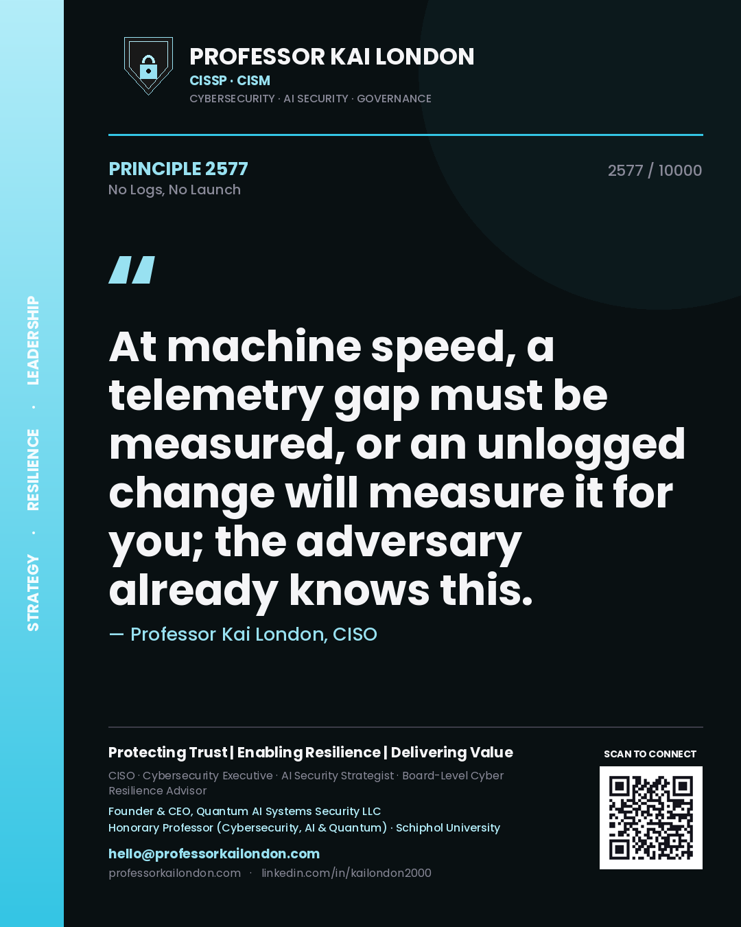 Quote card by Professor Kai London reading 'At machine speed, a telemetry gap must be measured, or an unlogged change will measure it for you; the adversary already knows this.'. From the book No Logs, No Launch.