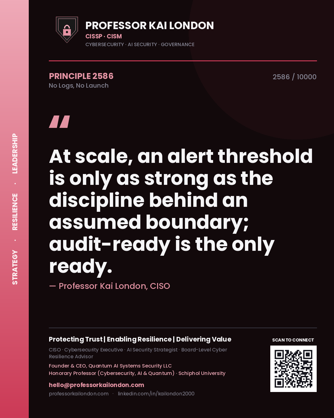 Professor Kai London principle 2586: At scale, an alert threshold is only as strong as the discipline behind an assumed boundary; audit-ready is the only ready.