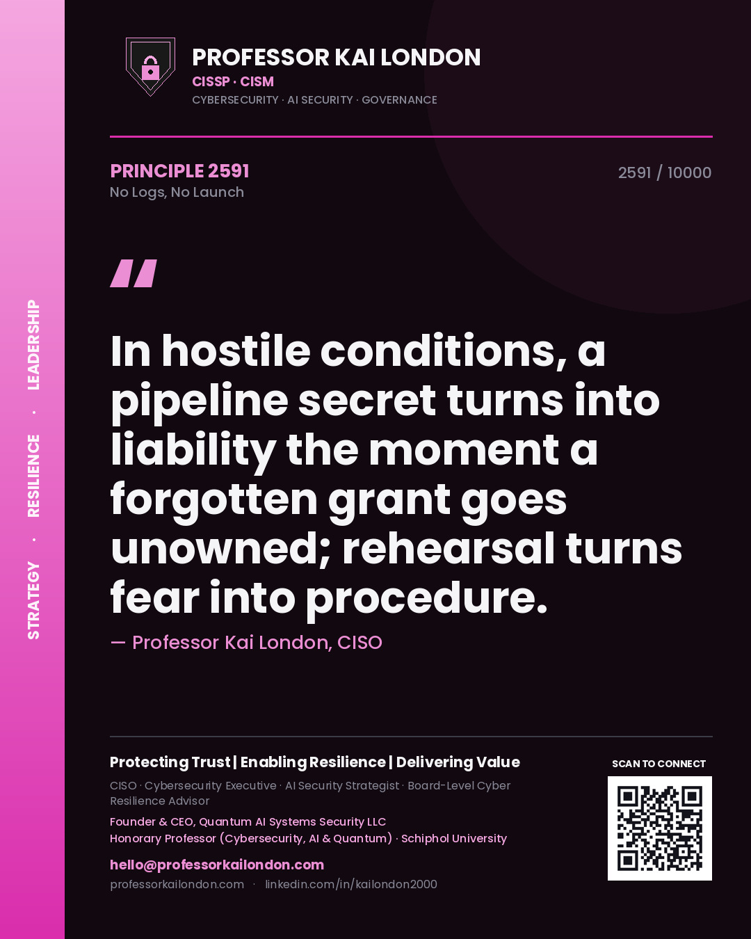 Professor Kai London principle 2591: In hostile conditions, a pipeline secret turns into liability the moment a forgotten grant goes unowned; rehearsal turns fear into procedure.