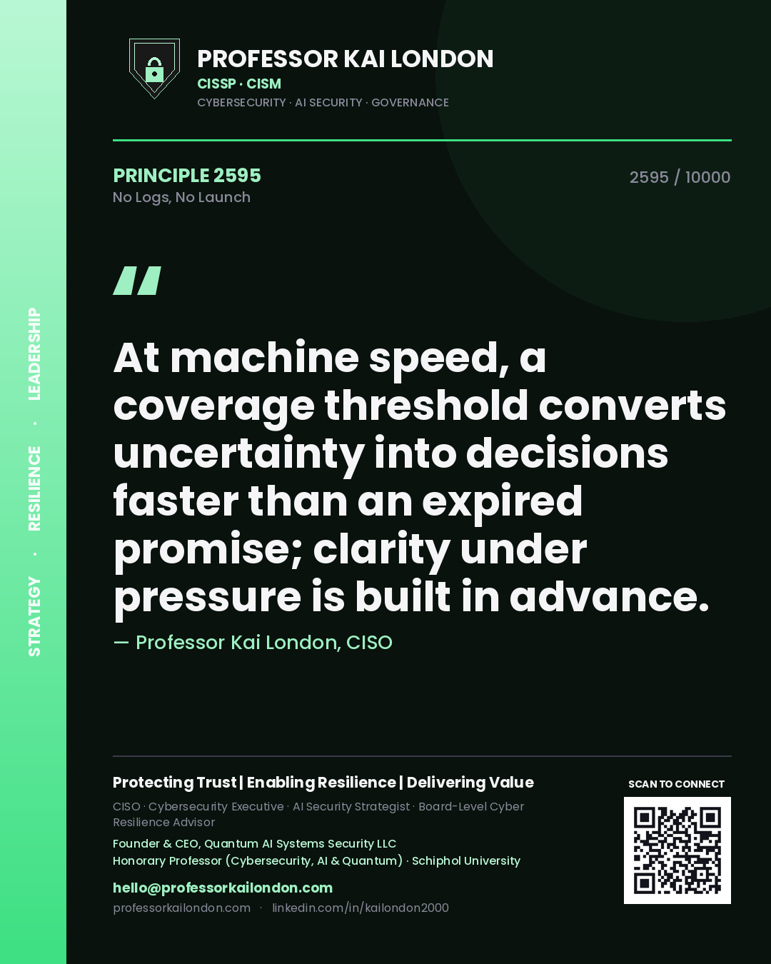 Professor Kai London principle 2595: At machine speed, a coverage threshold converts uncertainty into decisions faster than an expired promise; clarity under pressure is built in advance.
