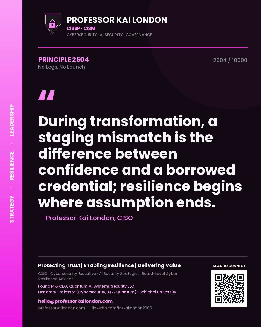 Professor Kai London principle 2604: During transformation, a staging mismatch is the difference between confidence and a borrowed credential; resilience begins where assumption ends.