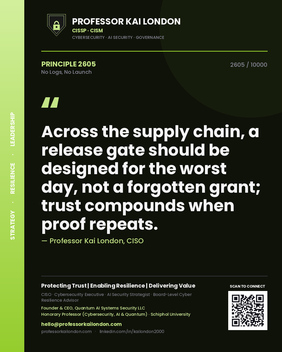 Quote card by Professor Kai London reading 'Across the supply chain, a release gate should be designed for the worst day, not a forgotten grant; trust compounds when proof repeats.'. From the book No Logs, No Launch.