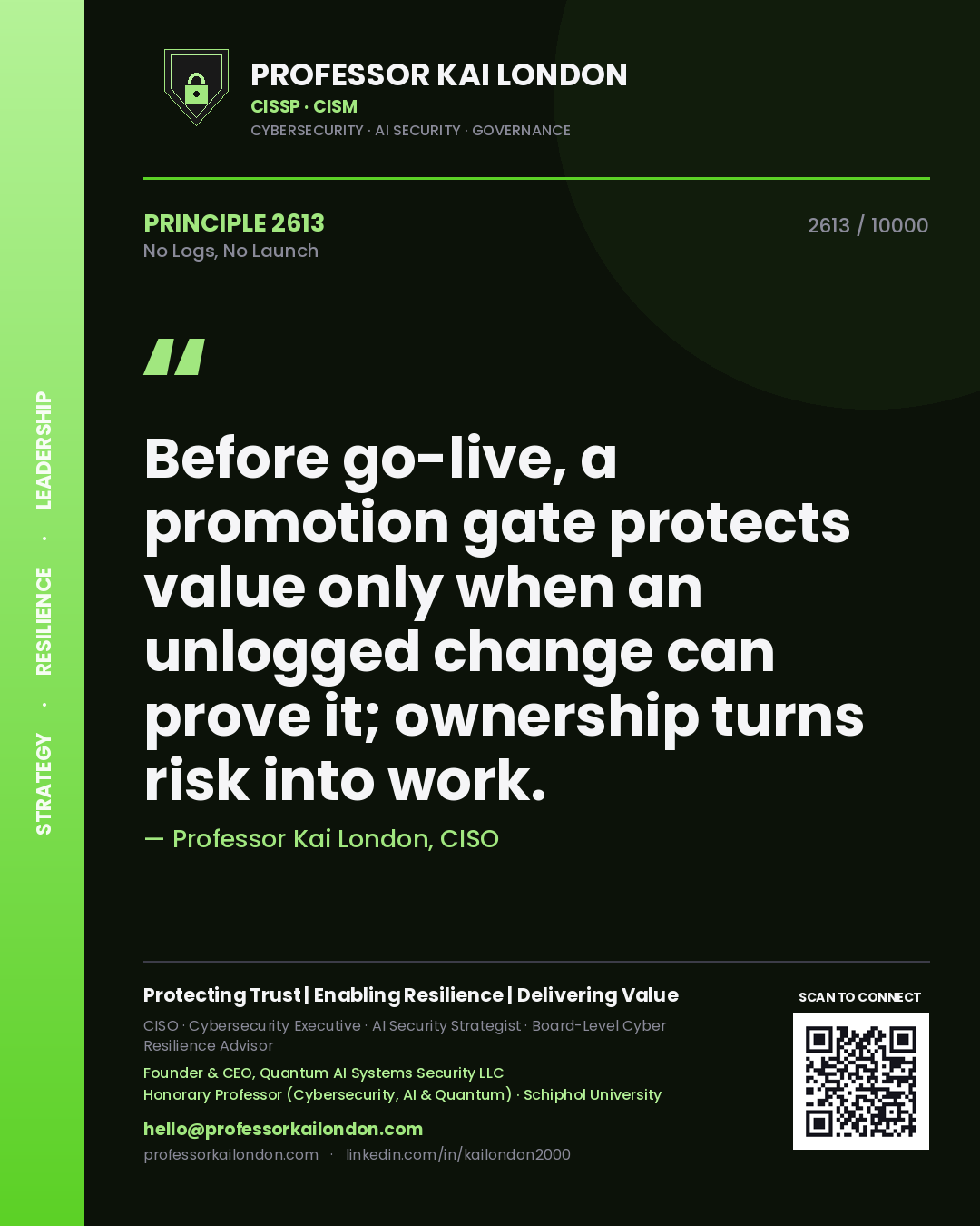 Professor Kai London principle 2613: Before go-live, a promotion gate protects value only when an unlogged change can prove it; ownership turns risk into work.