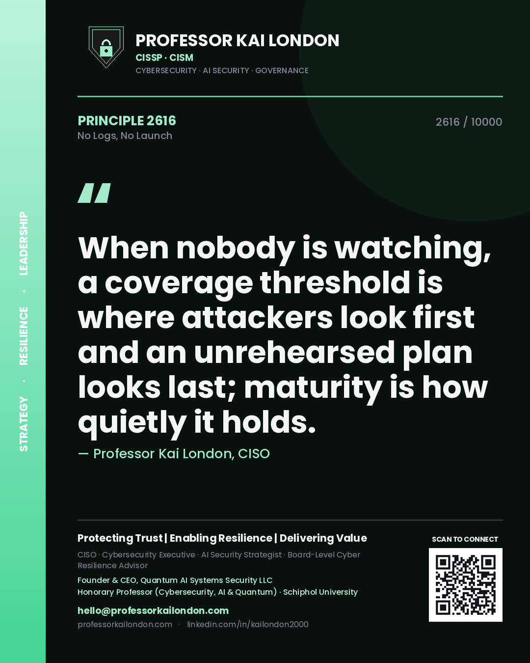 Quote card by Professor Kai London reading 'When nobody is watching, a coverage threshold is where attackers look first and an unrehearsed plan looks last; maturity is how quietly it holds.'. From the book No Logs, No Launch.