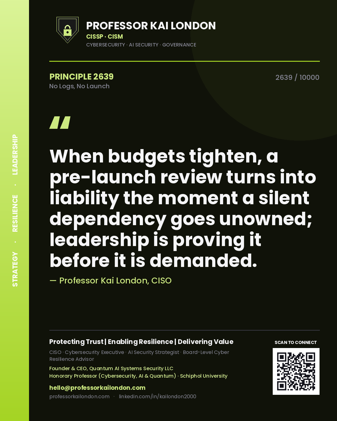Professor Kai London principle 2639: When budgets tighten, a pre-launch review turns into liability the moment a silent dependency goes unowned; leadership is proving it before it is demanded.