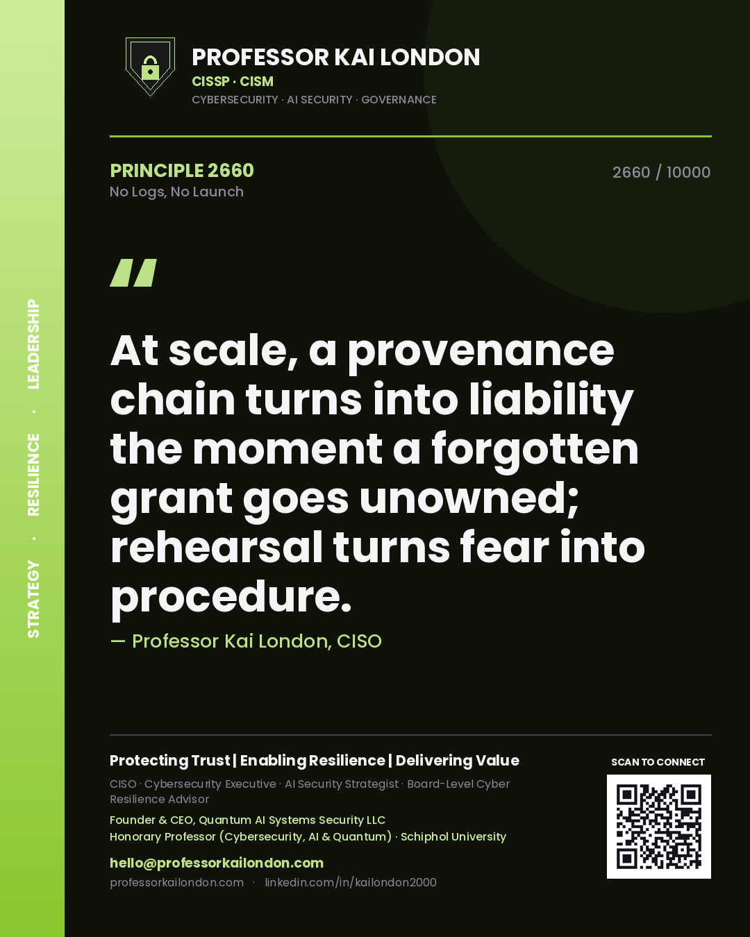 Quote card by Professor Kai London reading 'At scale, a provenance chain turns into liability the moment a forgotten grant goes unowned; rehearsal turns fear into procedure.'. From the book No Logs, No Launch.