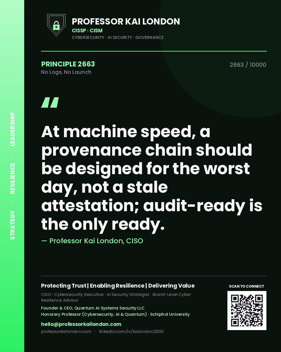 Professor Kai London principle 2663: At machine speed, a provenance chain should be designed for the worst day, not a stale attestation; audit-ready is the only ready.
