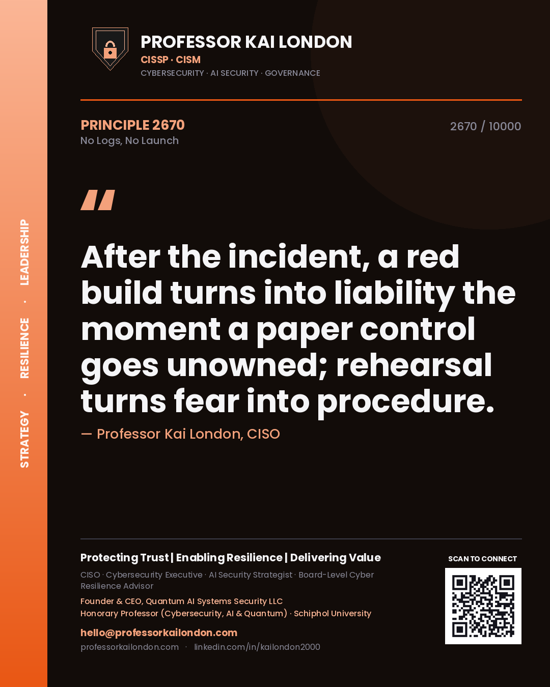 Quote card by Professor Kai London reading 'After the incident, a red build turns into liability the moment a paper control goes unowned; rehearsal turns fear into procedure.'. From the book No Logs, No Launch.