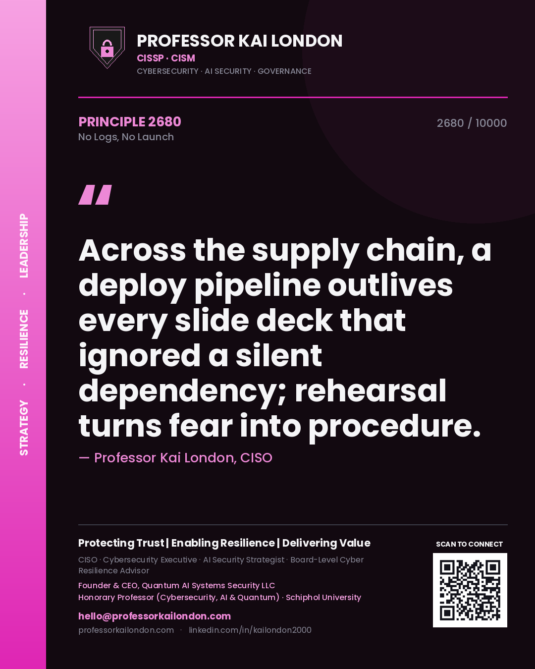 Quote card by Professor Kai London reading 'Across the supply chain, a deploy pipeline outlives every slide deck that ignored a silent dependency; rehearsal turns fear into procedure.'. From the book No Logs, No Launch.