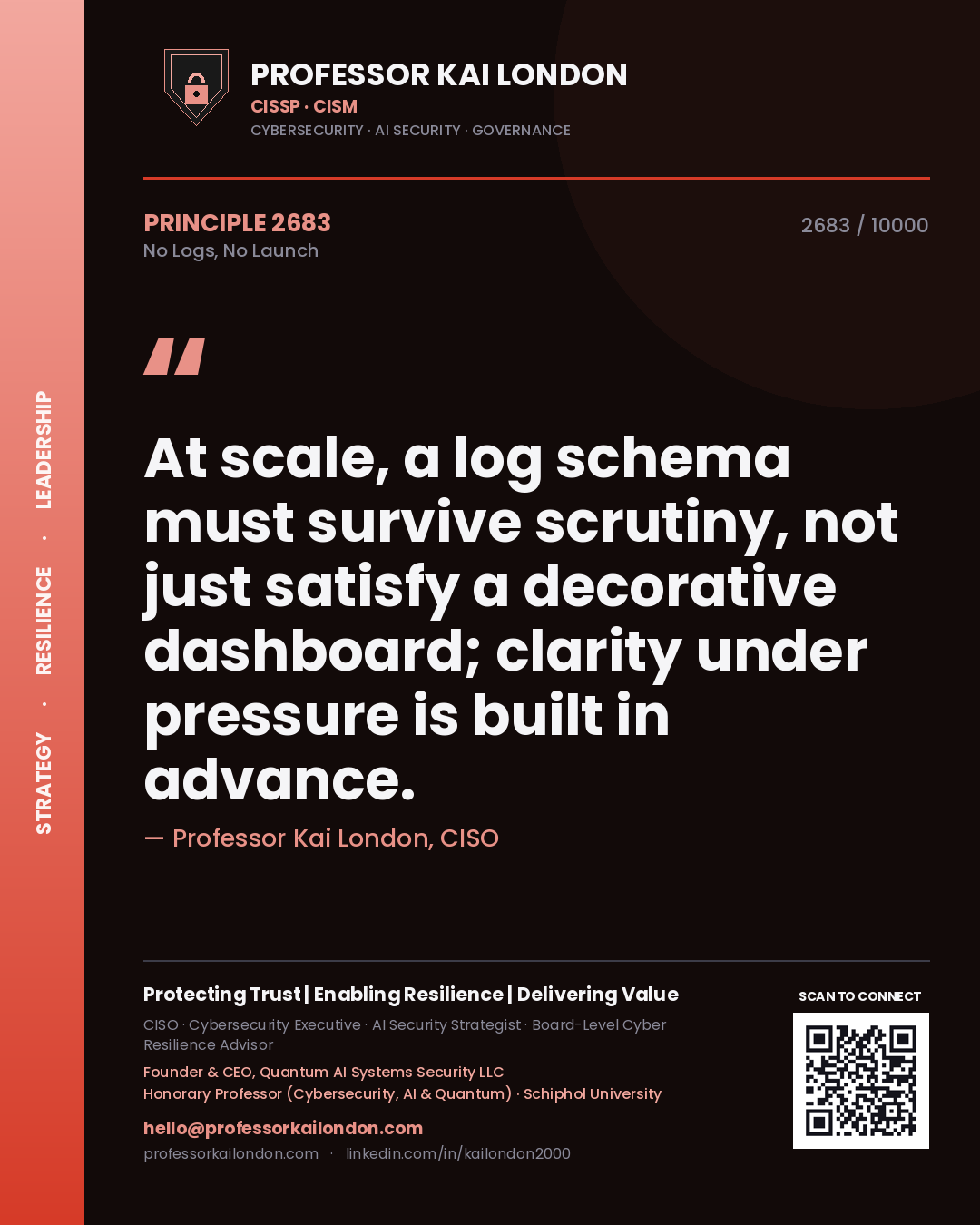 Quote card by Professor Kai London reading 'At scale, a log schema must survive scrutiny, not just satisfy a decorative dashboard; clarity under pressure is built in advance.'. From the book No Logs, No Launch.
