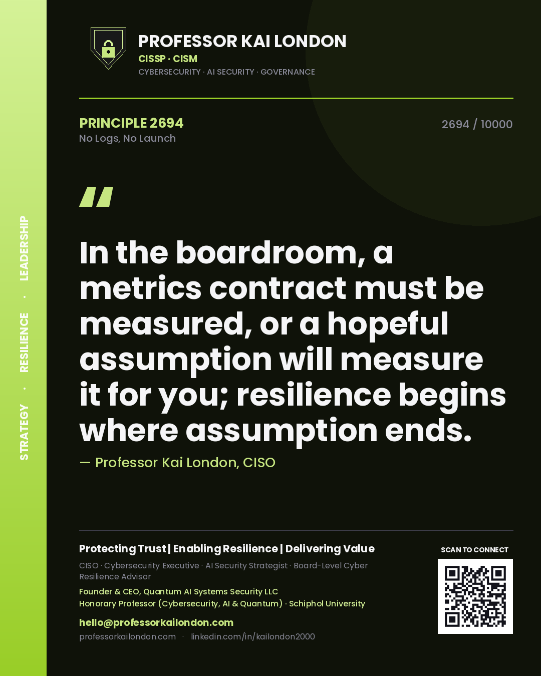 Quote card by Professor Kai London reading 'In the boardroom, a metrics contract must be measured, or a hopeful assumption will measure it for you; resilience begins where assumption ends.'. From the book No Logs, No Launch.