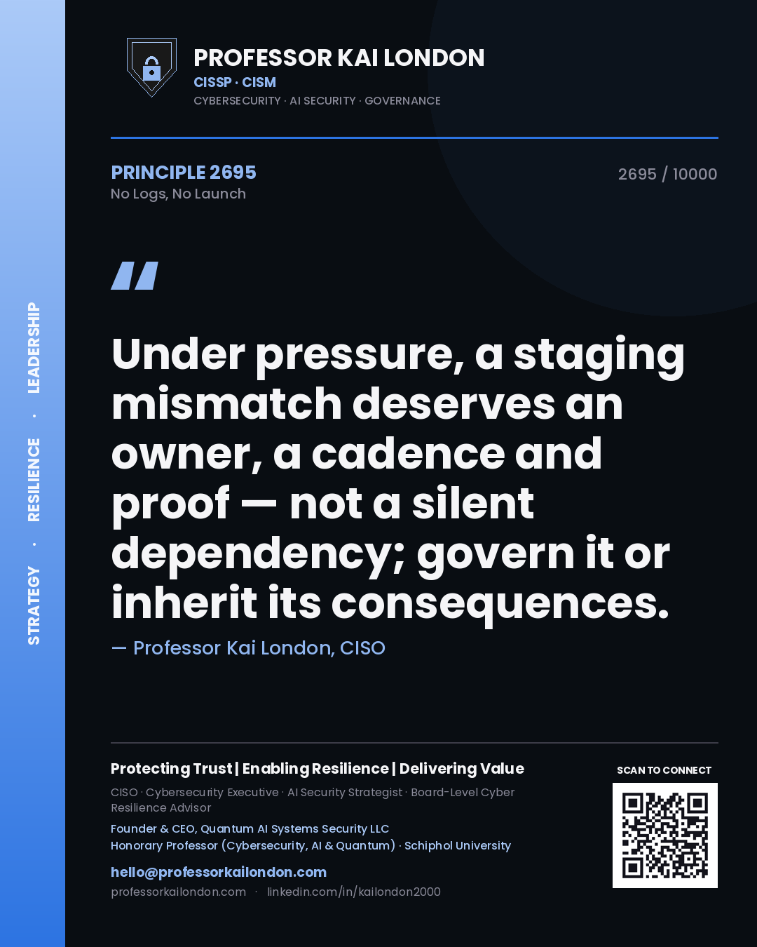 Quote card by Professor Kai London reading 'Under pressure, a staging mismatch deserves an owner, a cadence and proof — not a silent dependency; govern it or inherit its consequences.'. From the book No Logs, No Launch.