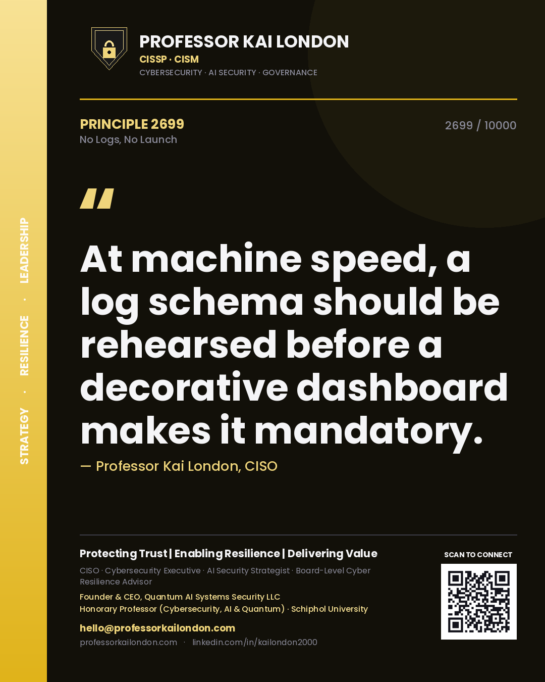 Quote card by Professor Kai London reading 'At machine speed, a log schema should be rehearsed before a decorative dashboard makes it mandatory.'. From the book No Logs, No Launch.