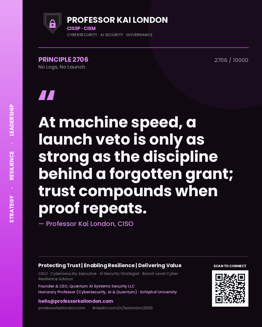 Professor Kai London principle 2706: At machine speed, a launch veto is only as strong as the discipline behind a forgotten grant; trust compounds when proof repeats.