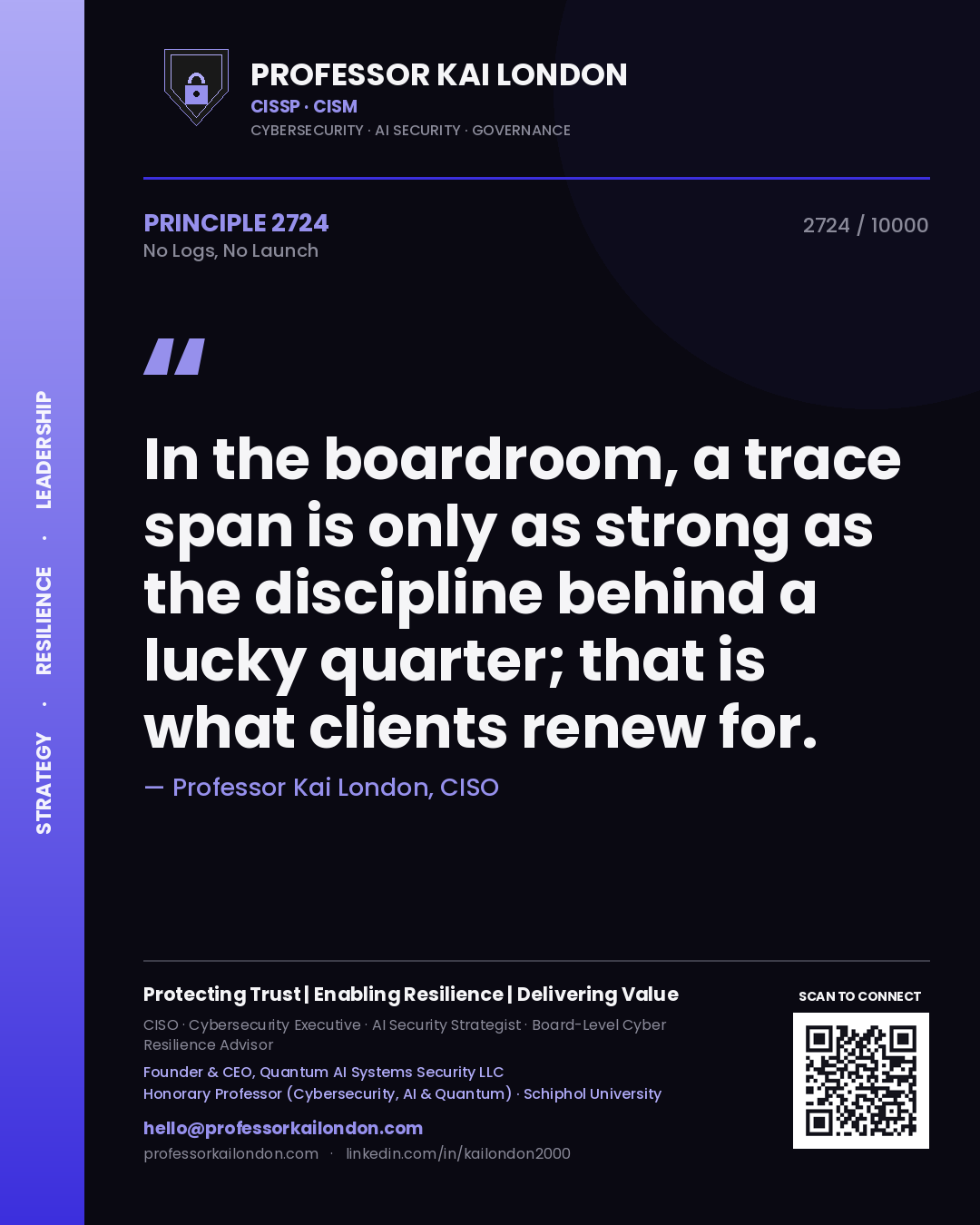 Quote card by Professor Kai London reading 'In the boardroom, a trace span is only as strong as the discipline behind a lucky quarter; that is what clients renew for.'. From the book No Logs, No Launch.