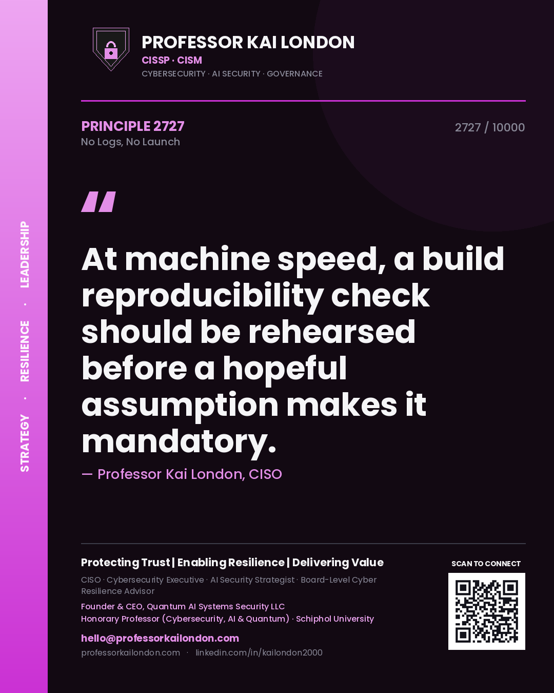 Quote card by Professor Kai London reading 'At machine speed, a build reproducibility check should be rehearsed before a hopeful assumption makes it mandatory.'. From the book No Logs, No Launch.