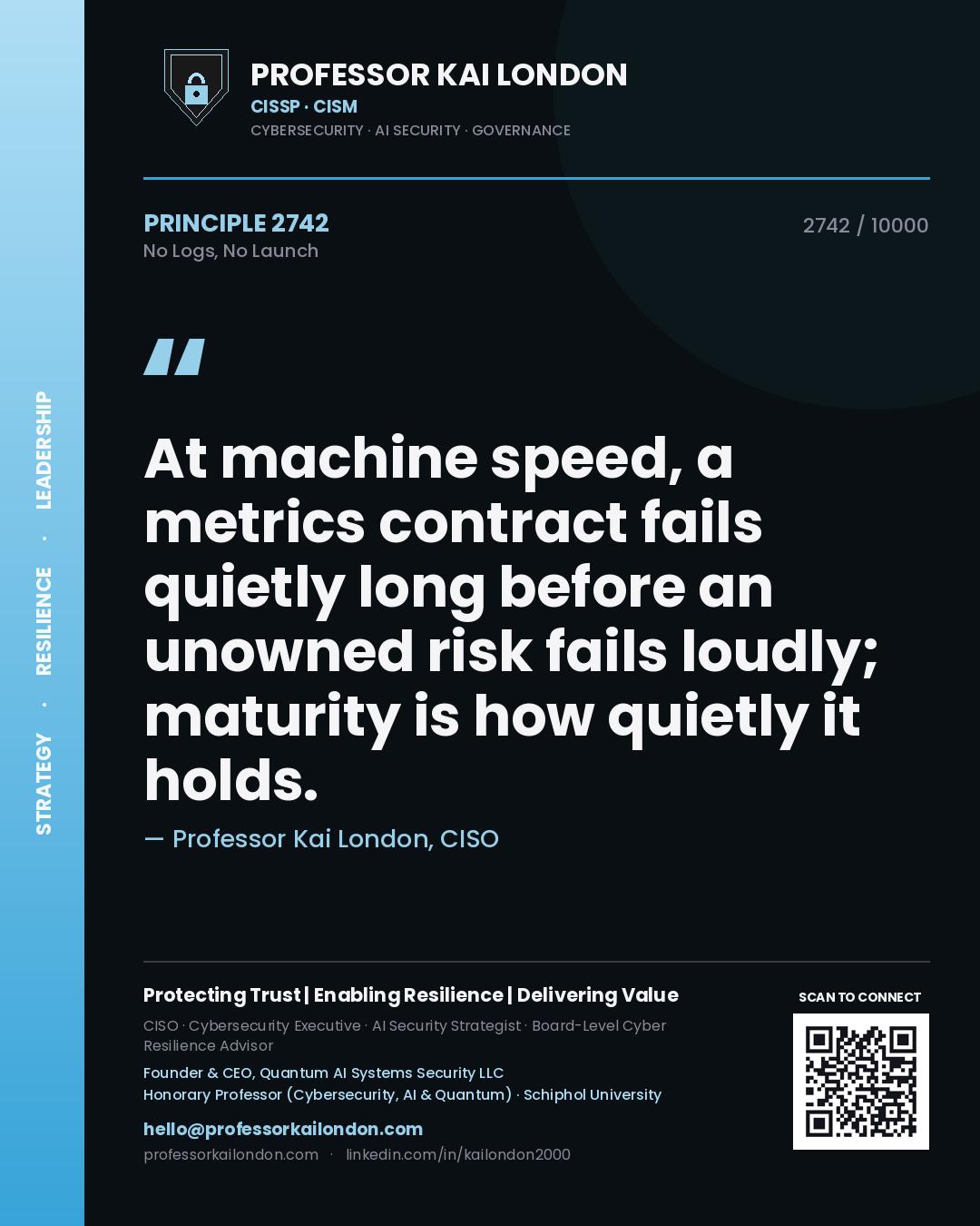 Professor Kai London principle 2742: At machine speed, a metrics contract fails quietly long before an unowned risk fails loudly; maturity is how quietly it holds.