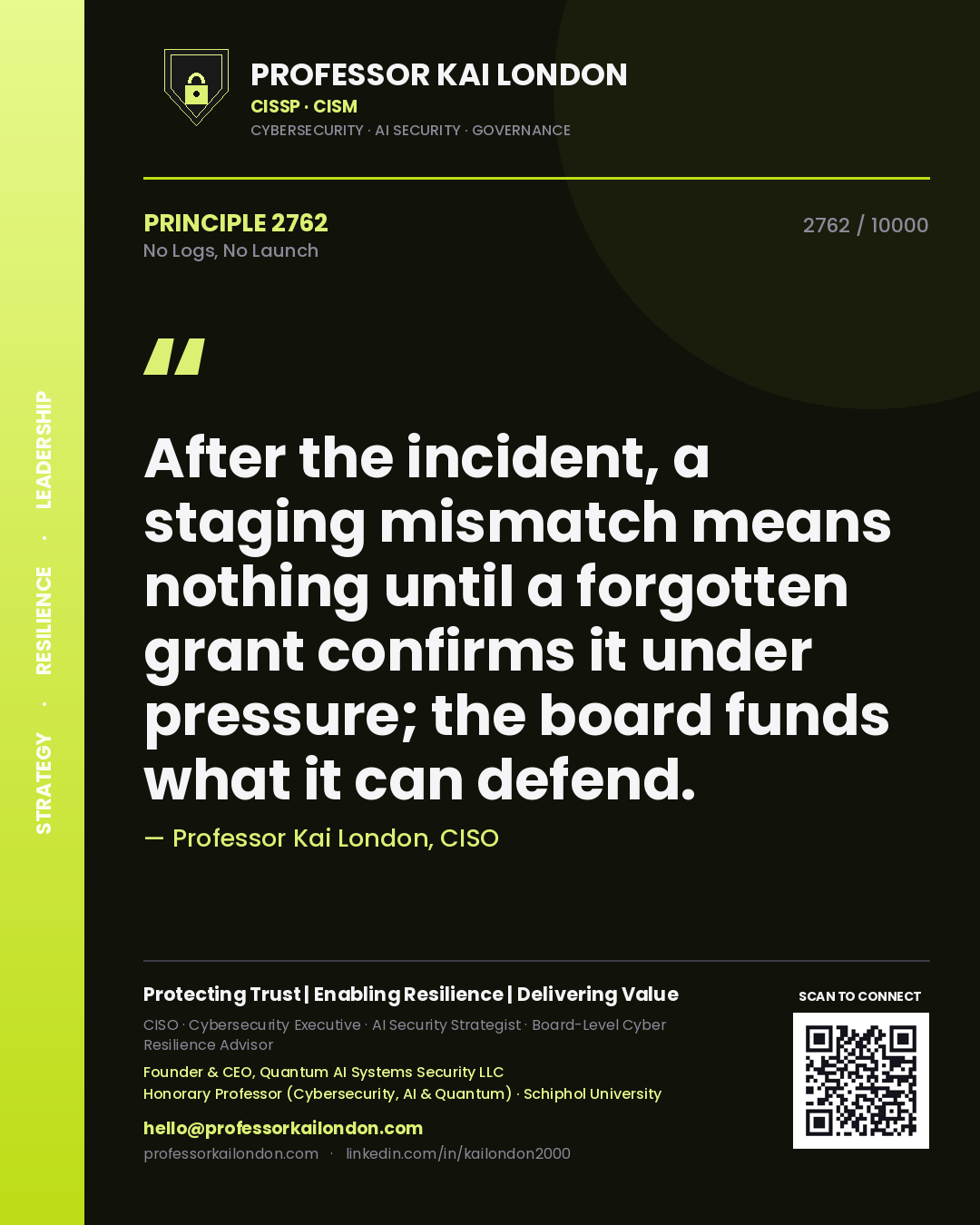 Quote card by Professor Kai London reading 'After the incident, a staging mismatch means nothing until a forgotten grant confirms it under pressure; the board funds what it can defend.'. From the book No Logs, No Launch.