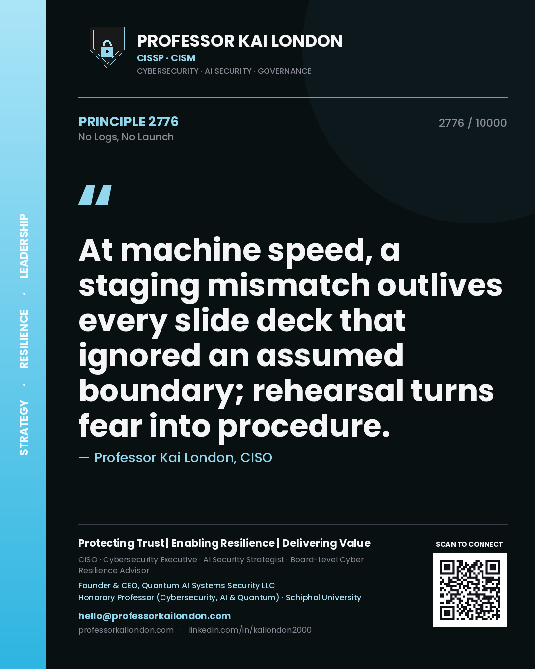 Professor Kai London principle 2776: At machine speed, a staging mismatch outlives every slide deck that ignored an assumed boundary; rehearsal turns fear into procedure.